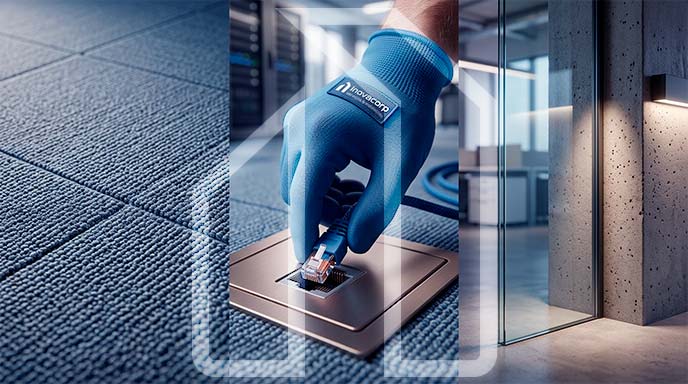 Conexão de cabo de rede em tomada de piso metálica com acabamento de alto padrão - Inovacorp